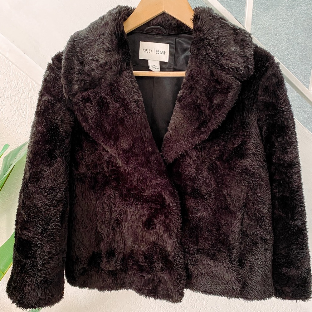 White House Black Market Faux Fur Black Cropped Coat